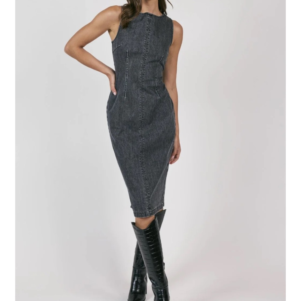 SAGE The Label Size M Black Denim Midi Overall Dress Sleeveless Sheath